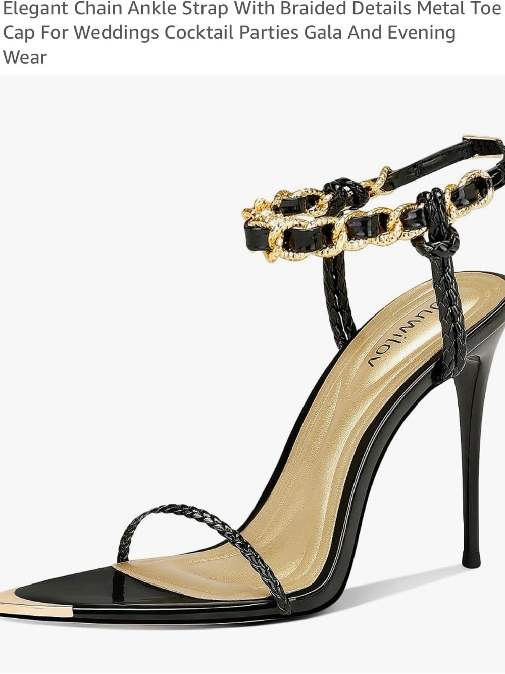 Gold-Trim Black Stiletto Ankle-Strap Sandal 4.5 inches